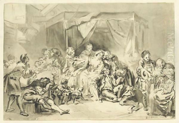 Scene De Famille etienne Aubry Family Scene Pen And Black Ink And Grey Wash Oil Painting by Etienne Aubry