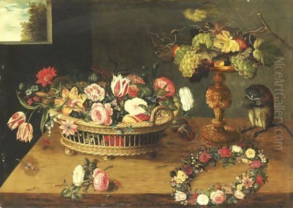 Flowers In A Basket, Monkey And Flowers Wreath Oil Painting by Jan Brueghel the Younger