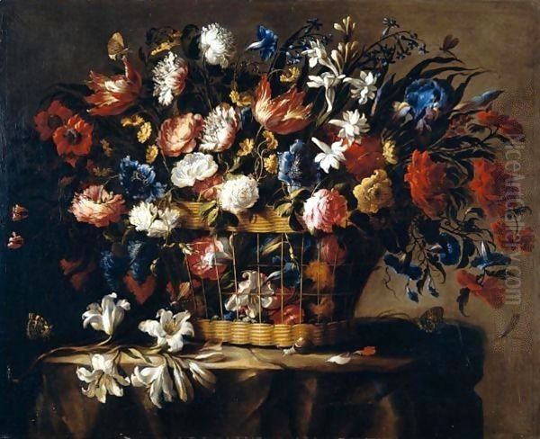 Still Life Of Roses, Irises, Morning Glory, Hyacinths, Chrysanthemums And Carnations In A Wicker Basket, Set Upon A Stone Ledge, Together With A Stem Of Lilies, Butteflies, Dragonflies And A Snail Oil Painting by Juan De Arellano