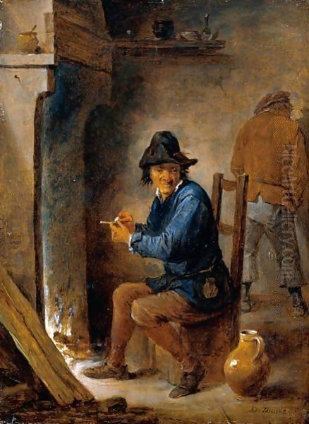 Interior With A Peasant Smoking A Pipe Before A Fireplace Oil Painting by David The Younger Teniers