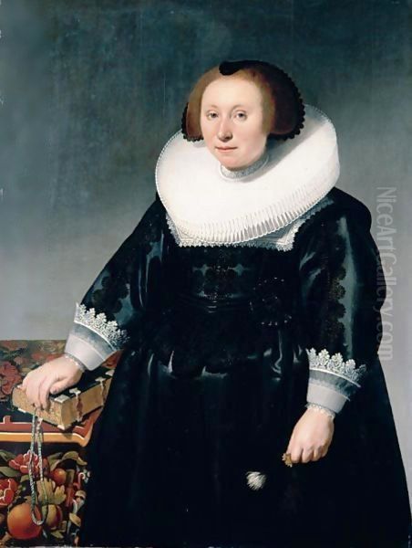 Portrait Of A Lady, Three-Quarter Length, Wearing A Black Embroidered Dress And Standing Next To A Table With Her Hand On A Book Oil Painting by Mijnerts Herman Doncker