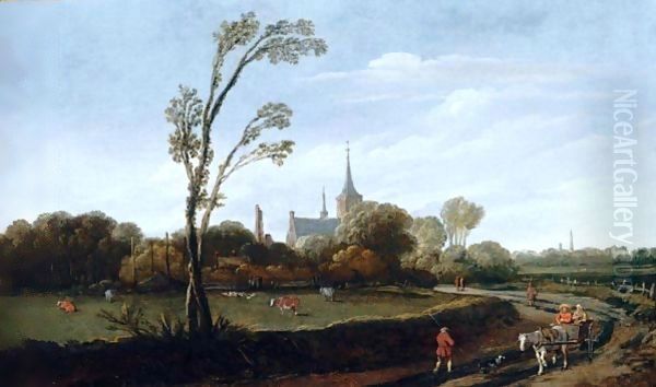 An Open Landscape With Wagoners On A Road, A Church Spire In A Village Beyond Oil Painting by Esaias Van De Velde