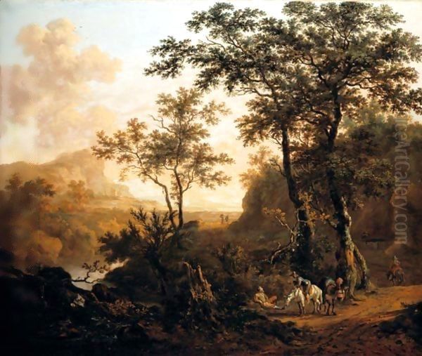 An Extensive Wooded River Landscape With Travellers On A Rocky Road, Ruins And Mountains Beyond Oil Painting by Dirck Dalens II