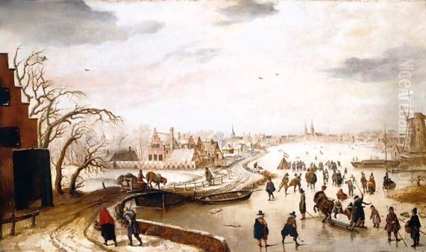 A Winter Landscape With Figures Skating On A Frozen River Oil Painting by Hendrick Avercamp