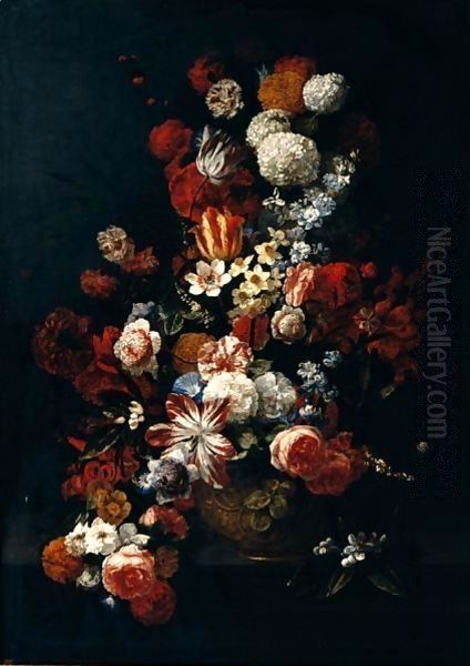 Still Life Of Tulips, Roses, Narcissi, Chrysanthemums, Carnations, Orange Blossom And Irises In A Gilt Urn, Placed Upon A Table-Top Oil Painting by Hieronymus Galle I