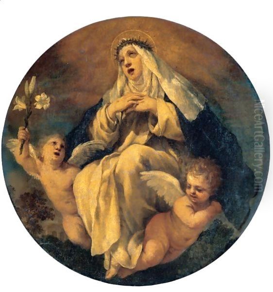 Saint Catherine Of Siena With Two Putti Oil Painting by Pietro Da Cortona (Barrettini)