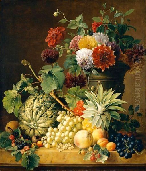 A Bouquet Of Flowers In An Urn And A Melon, A Pineapple, Grapes, Apricots, Peaches And Other Fruit, All Resting On A Marble Ledge Oil Painting by Anton Weiss