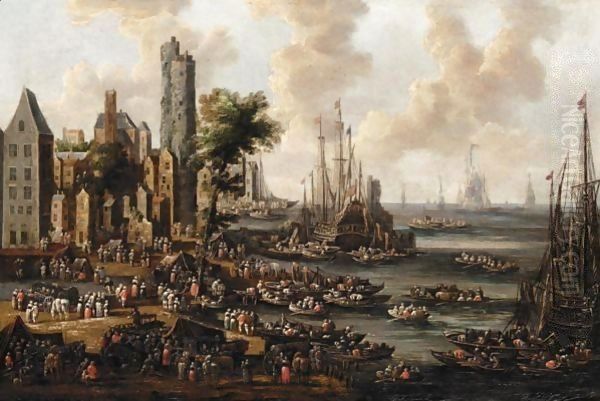 A Harbour Scene With Figures Unloading Their Wares From Boats Oil Painting by Pieter Casteels