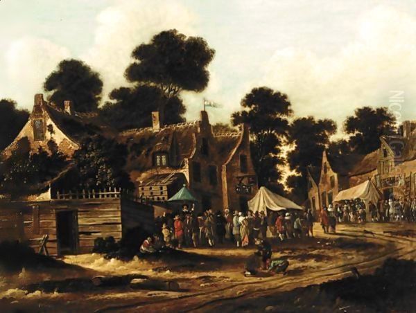 A Village Kermesse Outside An Inn Oil Painting by Thomas Heeremans