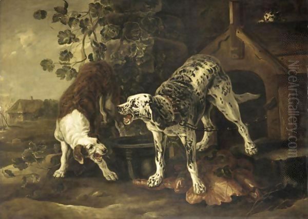 Landscape With Two Hounds Fighting Before A Kennel Oil Painting by Peeter Boel