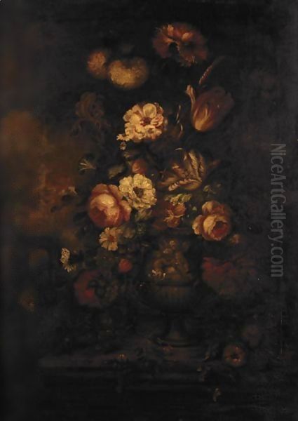 Still Life With Various Flowers In A Stone Urn In A Parkland Setting Oil Painting by Jan Van Huysum