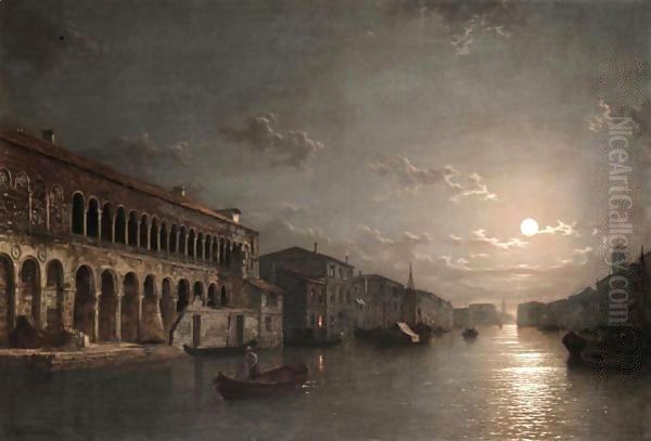 Moonlight On The Grand Canal, Venice Oil Painting by Henry Pether