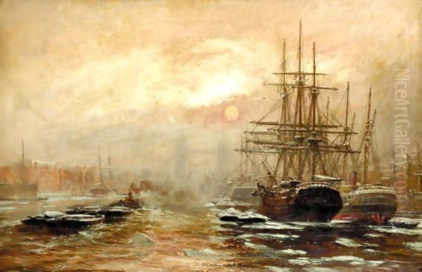 Shipping On The Thames Near Tower Bridge Oil Painting by Claude T. Stanfield Moore