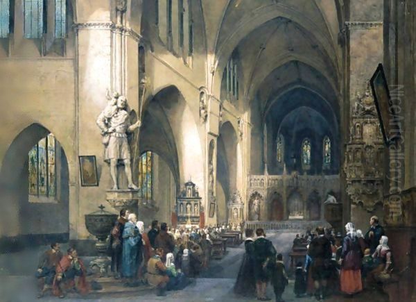 Figures In A Cathedral Oil Painting by Louis Haghe