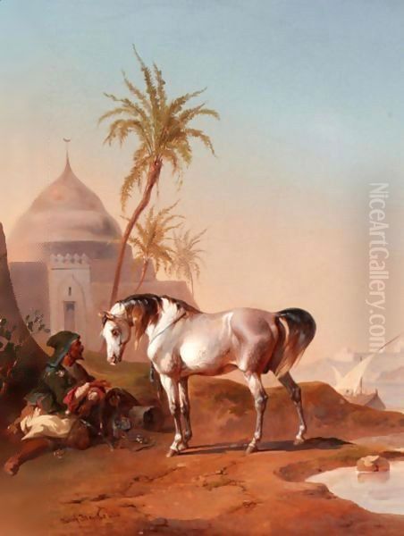 An Arab Horseman At Rest Oil Painting by Joseph Heicke