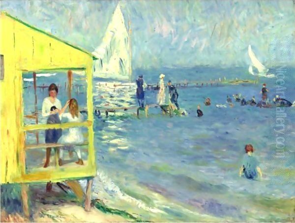 Yellow Bath House And Sailboat, Bellport, Long Island Oil Painting by William Glackens