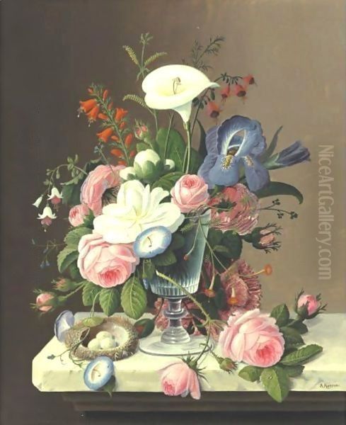 Early Summer Flowers In A Celery Glass Oil Painting by Severin Roesen