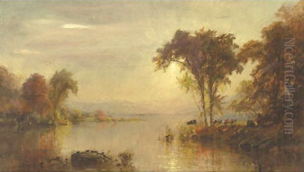 Autumn Splendor On The Susquehanna With Turtles And Cows Oil Painting by Jasper Francis Cropsey