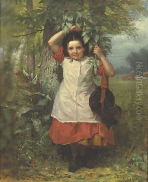 Little Girl In A Red Dress And White Pinafore Oil Painting by John George Brown