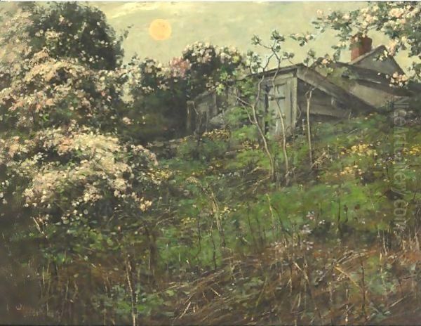 Apple Blossoms And Pink Moon Oil Painting by Frederick Childe Hassam