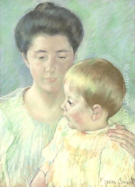 Mother Looking Down At Her Blond Baby Boy Oil Painting by Mary Cassatt