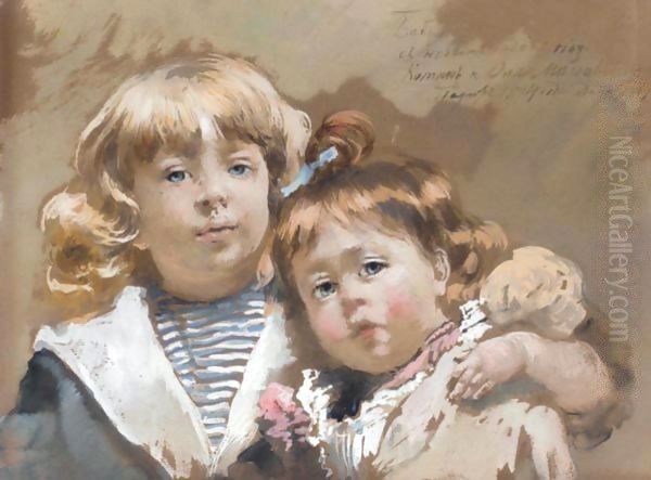 Portrait Of The Artist's Children, Konstantin And Olga Oil Painting by Konstantin Egorovich Egorovich Makovsky