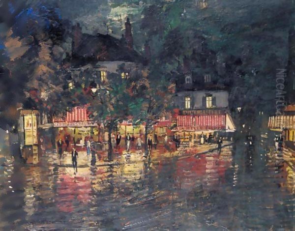 Parisian Street At Night Oil Painting by Konstantin Alexeievitch Korovin