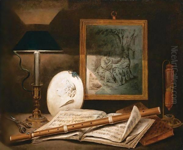 Natura Morta Con Flauto, Spartito Musicale, Lume E Forbici Oil Painting by Etienne Moulinneuf