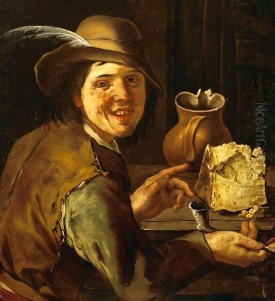 Ragazzo Con Pipa, Forma Di Formaggio E Brocca Oil Painting by Giacomo Francesco Cipper