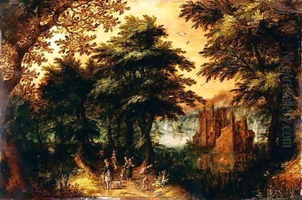 Paesaggio Lacustre Con Castello E Viandanti Oil Painting by Adriaen Pietersz. Van De Venne