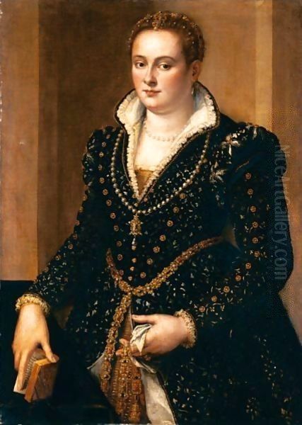 Ritratto Di Nobildonna In Abito Nero Con Decori In Oro, Collana Di Perle Con Pendente E Cintura Con Pietre Preziose. Oil Painting by Alessandro Allori