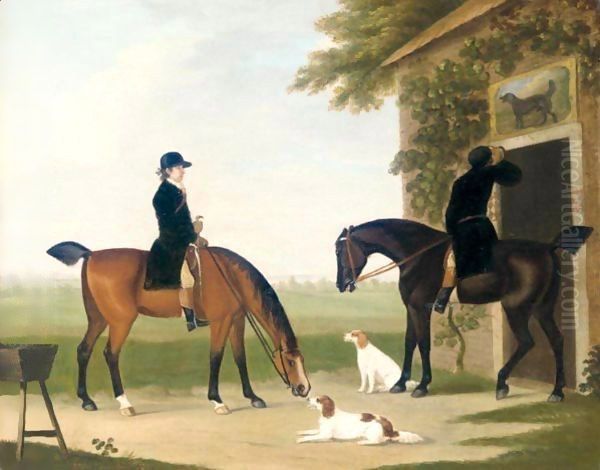 Two Huntsmen With Their Horses And Hounds Taking Refreshment Outside An Inn Oil Painting by John Nost Sartorius