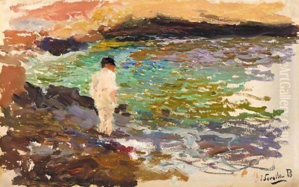 Nino En Las Rocas (Boy On The Rocks) Oil Painting by Joaquin Sorolla Y Bastida