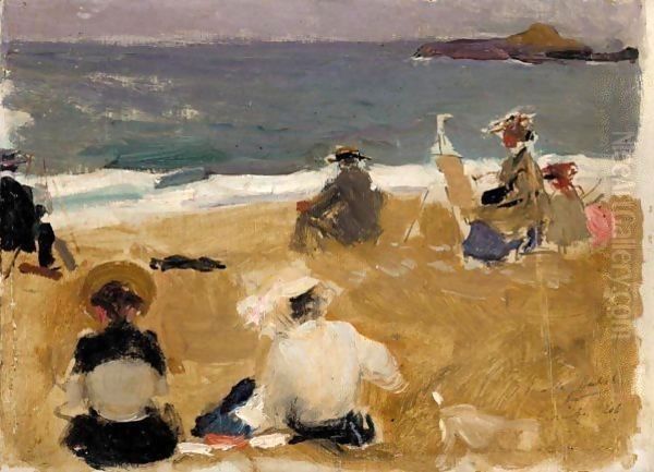 Pintando En La Playa De Biarritz (Painting On Biarritz Beach) Oil Painting by Joaquin Sorolla Y Bastida