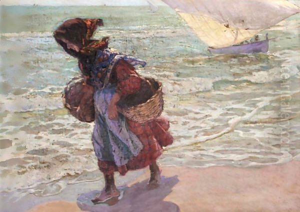 Pescadora En La Playa De Valencia (Fisherwoman On Valencia Beach) Oil Painting by Jose Mongrell Torrent