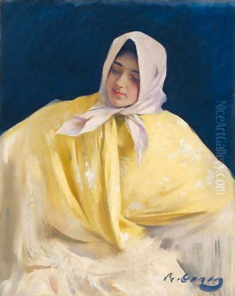 Chula Con Manton Amarillo (Girl With A Yellow Shawl) Oil Painting by Ramon Casas Y Carbo