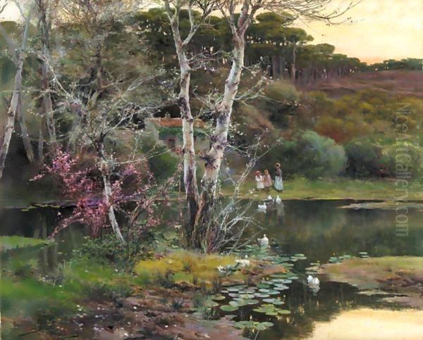 Cerca Del Estanque (By The Lake) Oil Painting by Manuel Garcia y Rodriguez