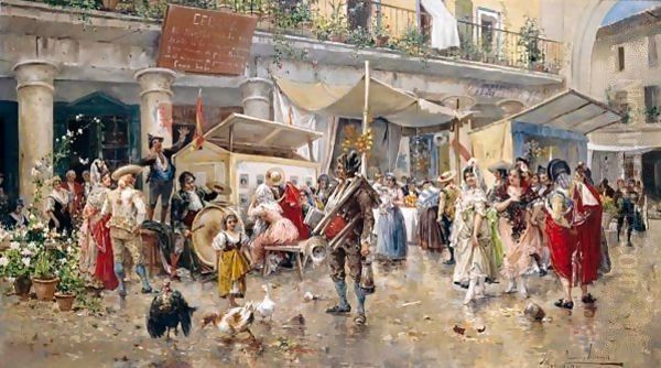 Mercado De La Cebada, Madrid (Cebada Market In Madrid) Oil Painting by Eugenio Lucas Villamil