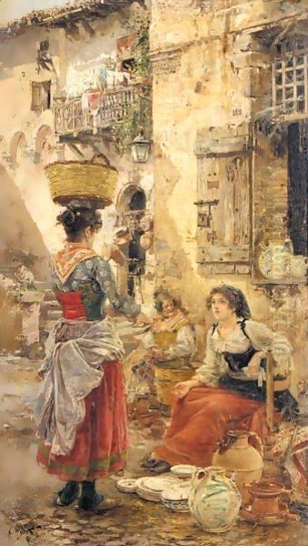 La Vendedora De Loza (The Pottery Seller) Oil Painting by Vicente March y Marco