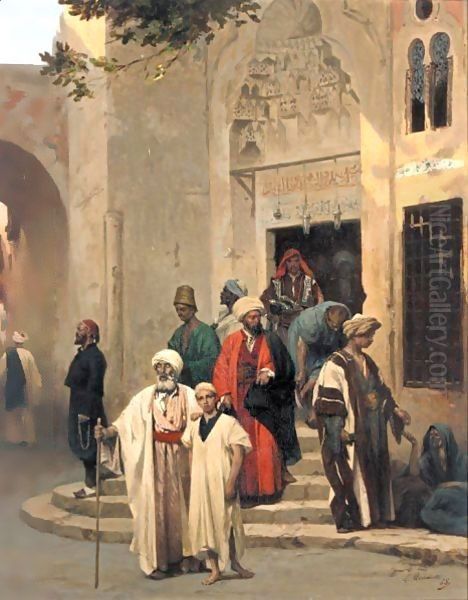 Personnages Sortant D'Une Mosquee Oil Painting by Louis Claude Mouchot