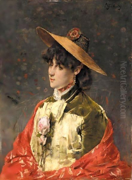 Femme Au Chapeau De Pail Oil Painting by Alfred Stevens