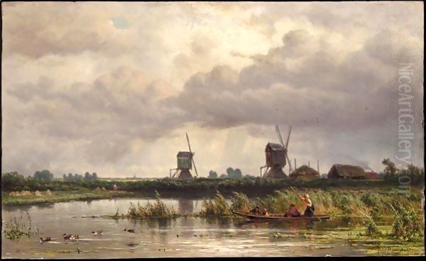 Figures In A Boat With Two Windmills Beyond Oil Painting by Jan Willem Van Borselen