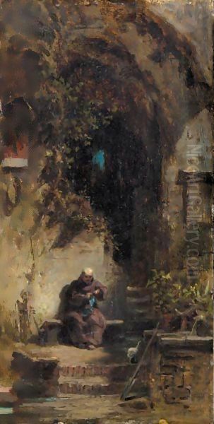 Eremit, Strumpfe Strickend (Monk Knitting Socks) Oil Painting by Carl Spitzweg