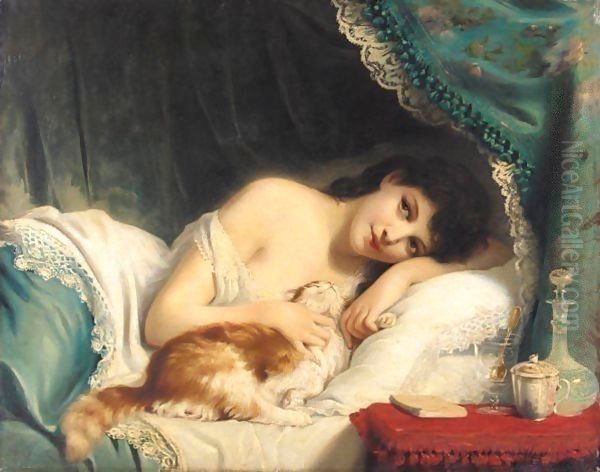 A Reclining Beauty With Her Cat Oil Painting by Fritz Zuber-Buhler