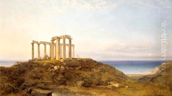 Evening In Greece, Cape Colonna Oil Painting by George Edwards Hering