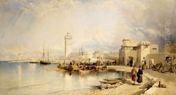 View Of The Port Of Rhodes Oil Painting by William James Muller