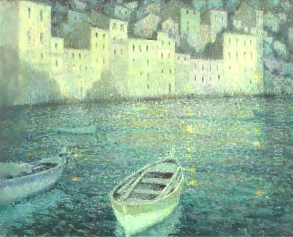 Les Maisons Du Port Au Clair De Lune Oil Painting by Henri Eugene Augustin Le Sidaner