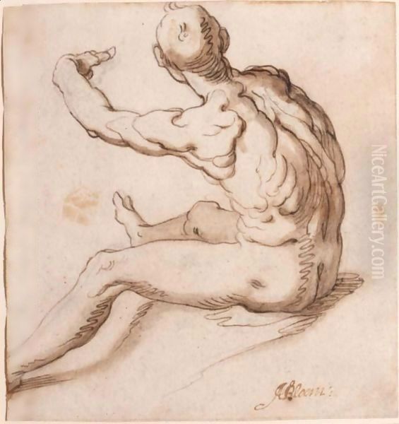 A Seated Male Nude, Seen From Behind Oil Painting by Abraham Bloemaert