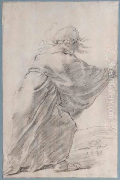 A Wild-Haired, Robed Woman Rushing To The Right, Seen From Behind Oil Painting by Cornelis Saftleven