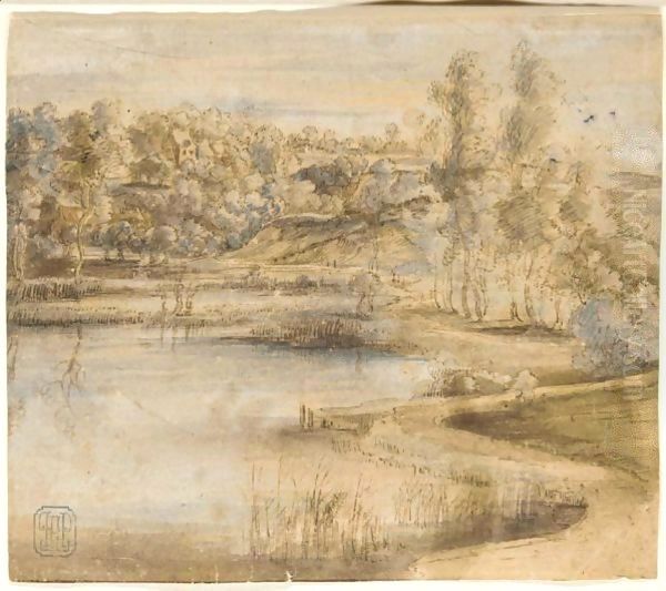 Wooded Landscape With A Lake And Cottages In The Distance Oil Painting by Lucas Van Uden